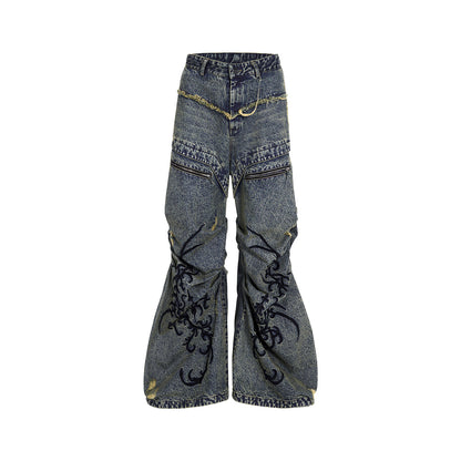 Retro Washed Distressed Zipper Embroidered Pleated Mopping Jeans