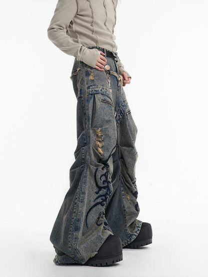 Retro Washed Distressed Zipper Embroidered Pleated Mopping Jeans